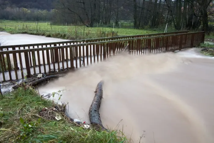 Framed Print : Flash flood - damage to footbridge after torrential autumn rain - Lower Saxony - Germany Framed Print : Flash flood - damage to footbridge after torrential autumn rain - Lower Saxony - Germany