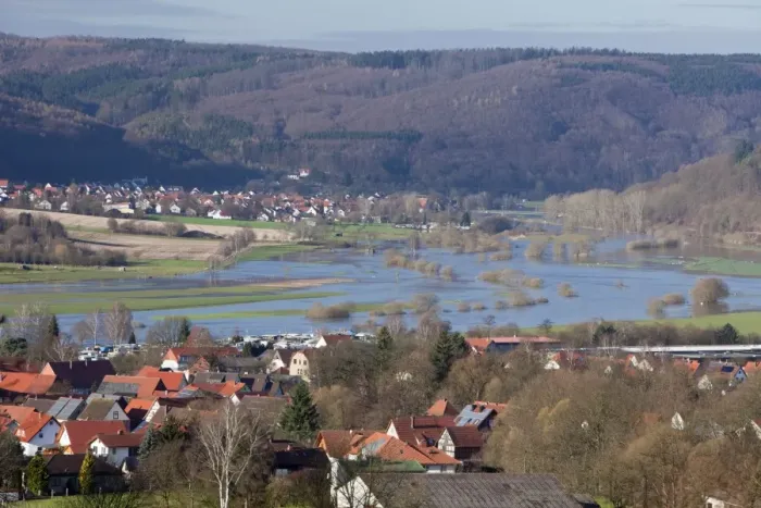 Framed Print : Flooding of River Weser - due to sudden thaw weather in winter - North Hessen - Germany Framed Print : Flooding of River Weser - due to sudden thaw weather in winter - North Hessen - Germany