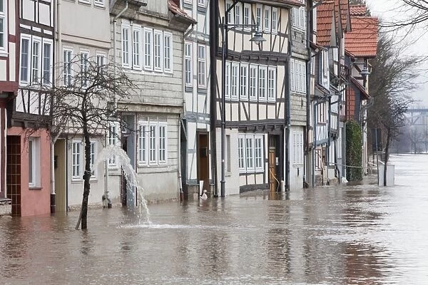 Flooding through Snowmelt - of Hann. Muenden Town after sudden thaw weather in winter - River Weser - Lower Saxony - Germany