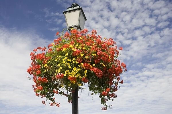 Floral display on French lampost aingst blue sky Brittany France