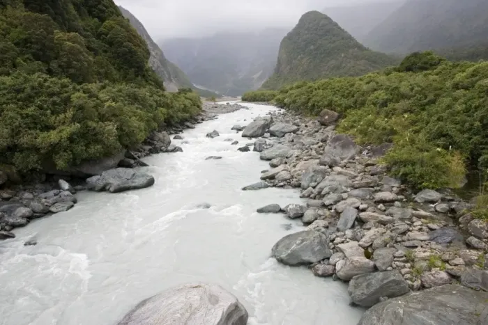 Framed Print : Fox river - from historic suspension bridge. Fox Glacier Westland World Heritage Park - South Island - New Zealand Framed Print : Fox river - from historic suspension bridge. Fox Glacier Westland World Heritage Park - South Island - New Zealand