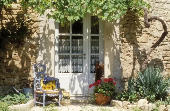 Framed Print : France Blue chair & vine & net-curtained white door, Provence Framed Print : France Blue chair & vine & net-curtained white door, Provence