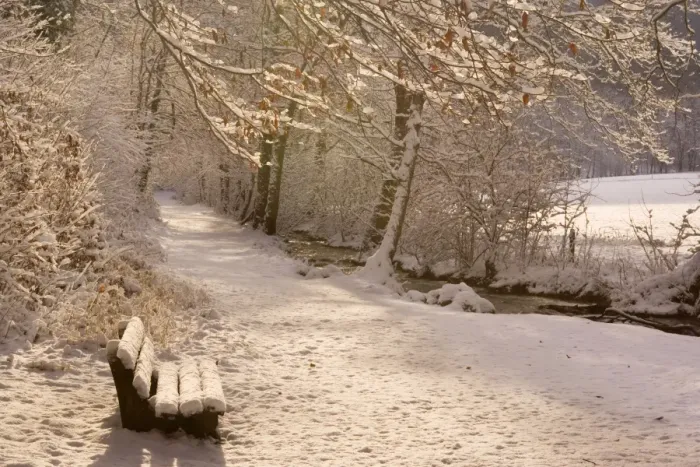 Framed Print : Frosty Winter Scene - deep snow covered winter landscape showing a foot path along a creek and a bench - Swabian Alb - Baden-Wuerttemberg - Germany
