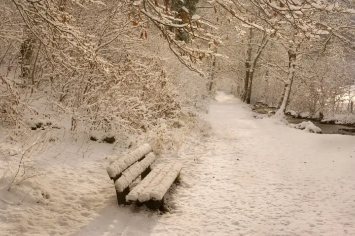 Framed Print : Frosty Winter Scene - deep snow covered winter landscape showing a foot path along a creek and a bench - Swabian Alb - Baden-Wuerttemberg - Germany Framed Print : Frosty Winter Scene - deep snow covered winter landscape showing a foot path along a creek and a bench - Swabian Alb - Baden-Wuerttemberg - Germany