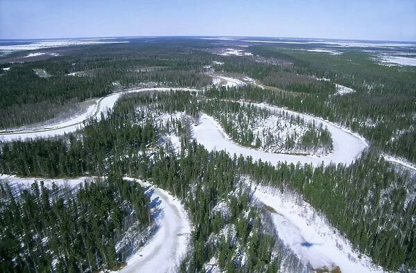 Frozen river meanders in Taiga-forest, a tributary of river Taz, helicopter aerial; early spring; typical; North Tumen region, Siberia, Russia Tz30. 0747