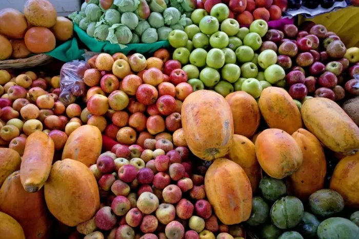 Framed Print : Fruit on display at market stall - Mexico Framed Print : Fruit on display at market stall - Mexico