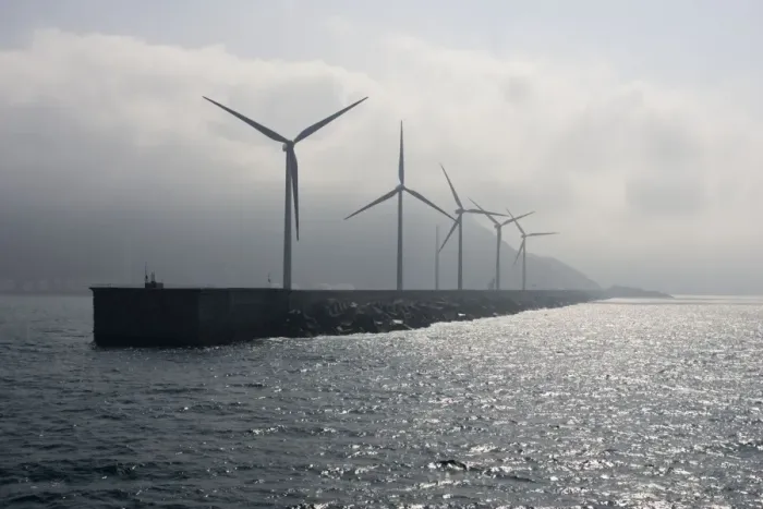 Framed Print : Giant wind turbines on breakwater at entyrance to Bilbao harbour Spain Framed Print : Giant wind turbines on breakwater at entyrance to Bilbao harbour Spain