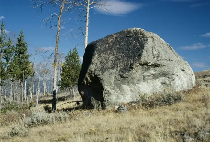 Framed Print : Glacial Erratic A huge boulder moved by ancient glacier, Yellowstone National Park