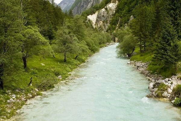 Glacial river, heavily-coloured by glacial rock flour - River Soca, Triglav National Park, Slovenia