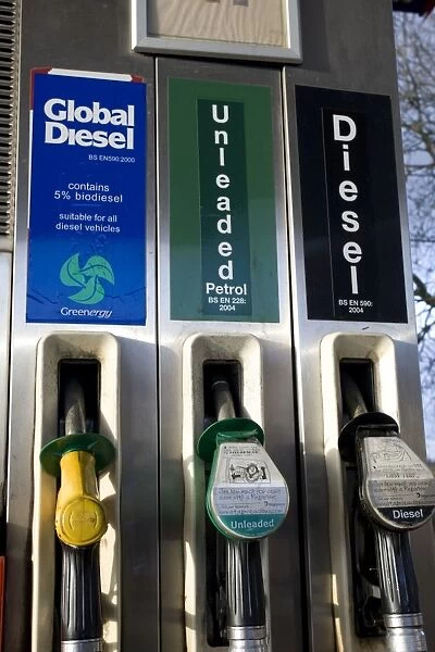 Global biodiesel sign on pump. The Green Shop garage Bisley near Stroud UK