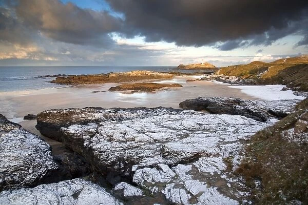 Godrevy - Lighthouse and island - in snow - from Gwithian - Cornwall - UK