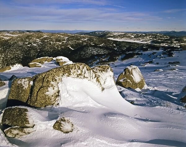 Granite boulders covered with wind-blown ice on Ramshead Range with Victoria beyond Kosciuszko National Park, New South Wales, Australia JPF17707?  /  JPF12041