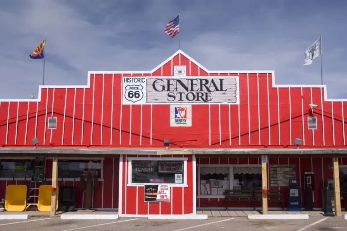 Framed Print : Historic Seligman - brightly painted General Store in Western Style in Seligman, the alleged birthplace of historic Route 66 - Route 66, Arizona, USA Framed Print : Historic Seligman - brightly painted General Store in Western Style in Seligman, the alleged birthplace of historic Route 66 - Route 66, Arizona, USA