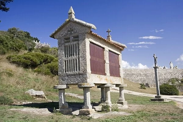 Horreo or granary near from medieval fort Baiona Galicia Spain