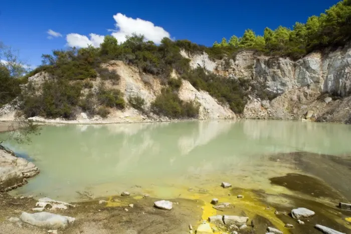 Framed Print : Hot Pools greenish pool with yellow sulphurous streaks on unstable ground. Waiotapu geothermal area, Rotorua, North Island, New Zealand Framed Print : Hot Pools greenish pool with yellow sulphurous streaks on unstable ground. Waiotapu geothermal area, Rotorua, North Island, New Zealand