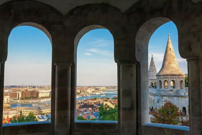 Framed Print : Hungary, Budapest. View from inside Fisherman's Bastion. Date: 29-06-2007 Framed Print : Hungary, Budapest. View from inside Fisherman's Bastion. Date: 29-06-2007