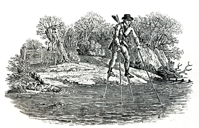 Framed Print : Illustration - Walking on stilts to cross a stream, woodcut by Thomas Bewick Framed Print : Illustration - Walking on stilts to cross a stream, woodcut by Thomas Bewick