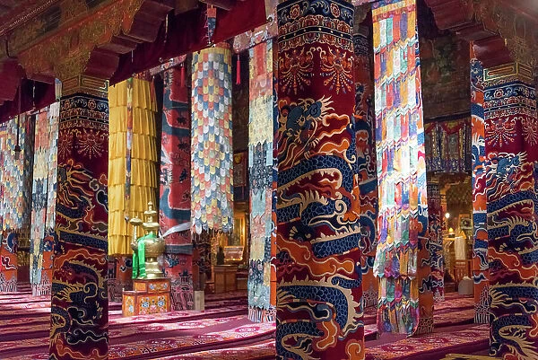 Inside a praying hall in Drepung Monastery, one of the great three Gelug university monasteries of Tibet, Lhasa, Tibet, China Date: 06-09-2018