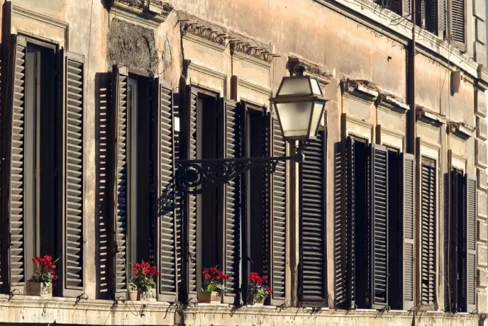 Framed Print : Italy - Rome - street scene with window shutters and window boxes Framed Print : Italy - Rome - street scene with window shutters and window boxes
