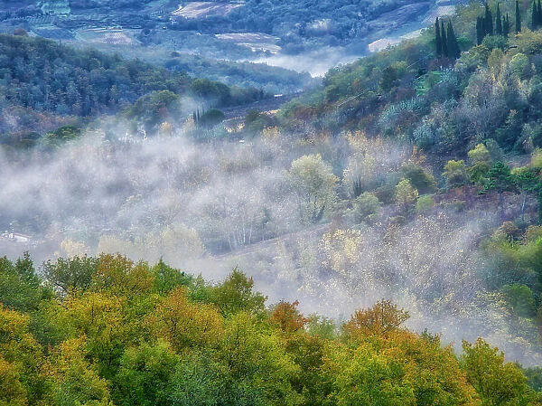 Italy, Tuscany. Autumn morning with fog in the Tuscan valley. Date: 08-11-2016
