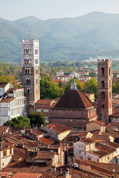 Italy, Tuscany, Lucca. The rooftops of the historic center of Lucca and the medieval bell tower of St. Martin Cathedral. Date: 09-10-2010