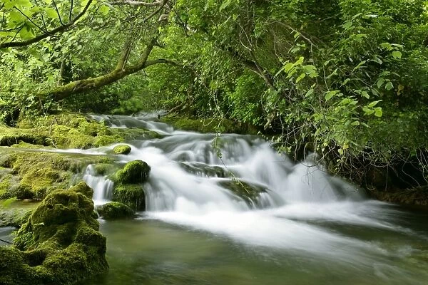 Krka river water flowing through forest over several sinter terraces Krka National Park, Croatia