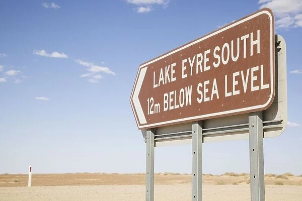 Lake Eyre Sign on the southernmost tip of Lake Eyre. The Lake fills only once or twice in a decade. Australia