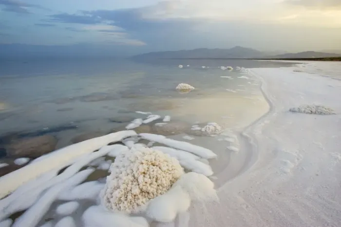 Framed Print : Lake Orumieh, Iran. The highly saline waters of Lake Orumieh form thick deposits of salt on its shores; Iran Framed Print : Lake Orumieh, Iran. The highly saline waters of Lake Orumieh form thick deposits of salt on its shores; Iran