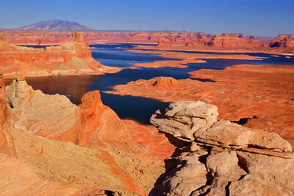 Lake Powell - panoramic view onto Lake Powell and canyons and buttes of red sandstone from Alstrom Point on the northern shore of the lake. The panorama encompasses Padre Bay, with Gunsight Butte in the foreground and Navajo Mountain