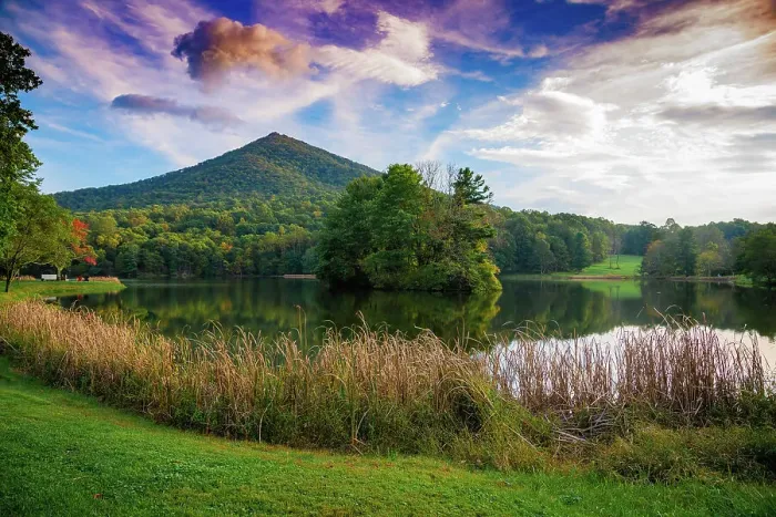 Framed Print : Lake reflections, Peaks Of Otter, Blue Ridge Parkway, Smoky Mountains, USA. Date: 04-10-2018