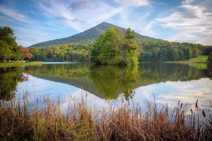 Framed Print : Lake reflections, Peaks Of Otter, Blue Ridge Parkway, Smoky Mountains, USA. Date: 04-10-2018 Framed Print : Lake reflections, Peaks Of Otter, Blue Ridge Parkway, Smoky Mountains, USA. Date: 04-10-2018