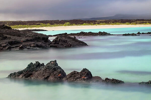 Lava rocks along tranquil shoreline of San Cristobal Island, Galapagos, Ecuador. Date: 29-07-2021