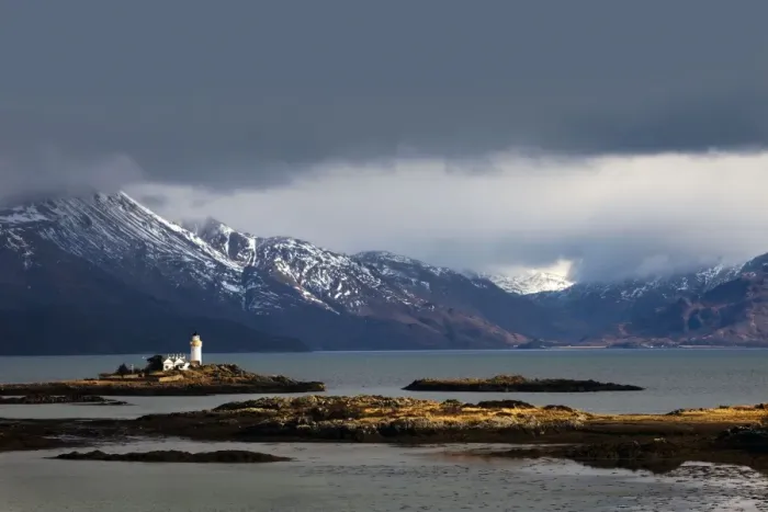 Framed Print : Lighthouse on the Isleornsay catching a moments sunshine in atmospheric conditions - Isle of Skye - Scotland Framed Print : Lighthouse on the Isleornsay catching a moments sunshine in atmospheric conditions - Isle of Skye - Scotland