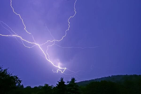 Lightning and thunder clouds-over woodland at night, Bramwald, Lower Saxony, Germany