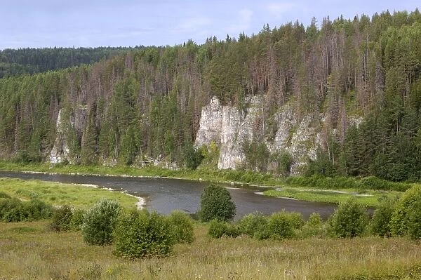 Limestone rocks along river Chusovaya -the symbol of conquest of Siberia, the only river that flows from Asia to Europe cutting through the Ural Mountains