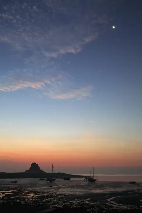 Framed Print : Lindisfarne Castle and Moon - at sunrise over harbour, Holy Island, Northumberland National Park, England Framed Print : Lindisfarne Castle and Moon - at sunrise over harbour, Holy Island, Northumberland National Park, England