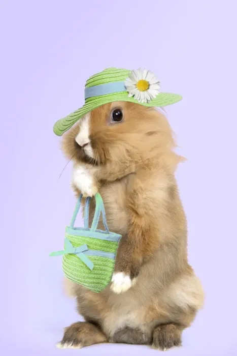 Framed Print : Lion-headed Dwarf Rabbit - on hind legs Digital Manipulation: bag, hat & flower all SG. Background white to purple Framed Print : Lion-headed Dwarf Rabbit - on hind legs Digital Manipulation: bag, hat & flower all SG. Background white to purple
