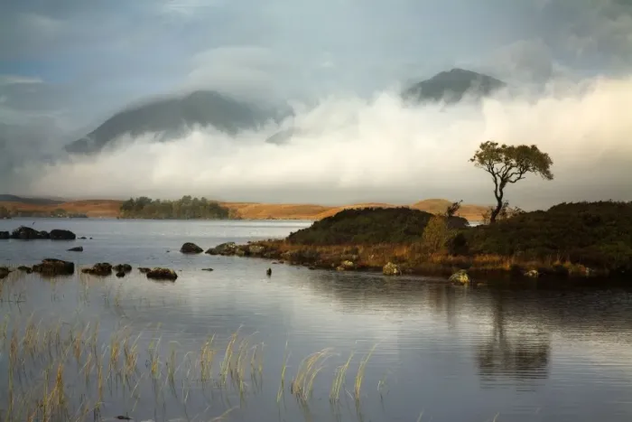 Framed Print : Lochan na h-Achlaise with Black Mount in the distance covered in low cloud - October - Rannock Moor - Scotland