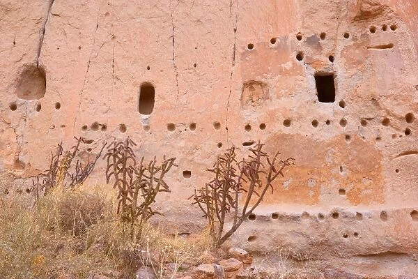 Long House cave dwelling - group of cave dwellings called Long House in Frijoles Canyon - These puebloan ruins were occupied for nearly 500 years until the late 1500s - Bandelier National Monument - Jemenez Mountains - New Mexico - USA