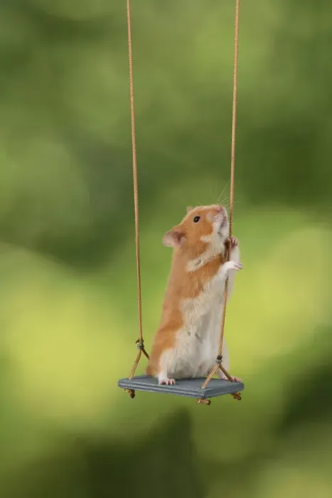 Framed Print : MAMMAL. Pet Hamster, sitting on a garden swing, studio Framed Print : MAMMAL. Pet Hamster, sitting on a garden swing, studio