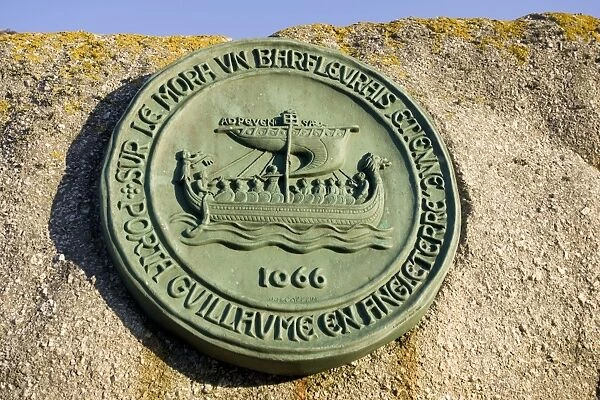 Medallion on Barfleur rock commemorating William the Conqueror 1006 Normandy France