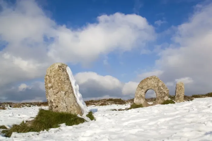 Framed Print : Men an Tol - ancient monument - in snow - Cornwall - UK Framed Print : Men an Tol - ancient monument - in snow - Cornwall - UK