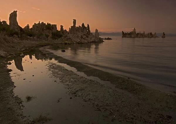 Mono Lake - at 6400 feet. Famous for its tufa pinnacles, threat from Los Angeles water supply, and its birds. Sunset. East side of Sierra Nevada near Lee Vining, USA