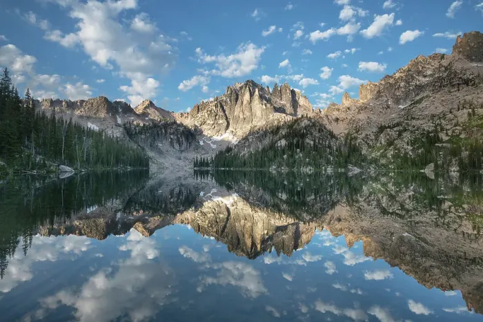 Framed Print : Monte Verita Peak mirrored in still waters of Baron Lake, Sawtooth Mountains Wilderness, Idaho. Date: 04-08-2019