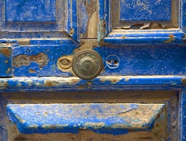 Morocco - close-up of chipped blue door & handle