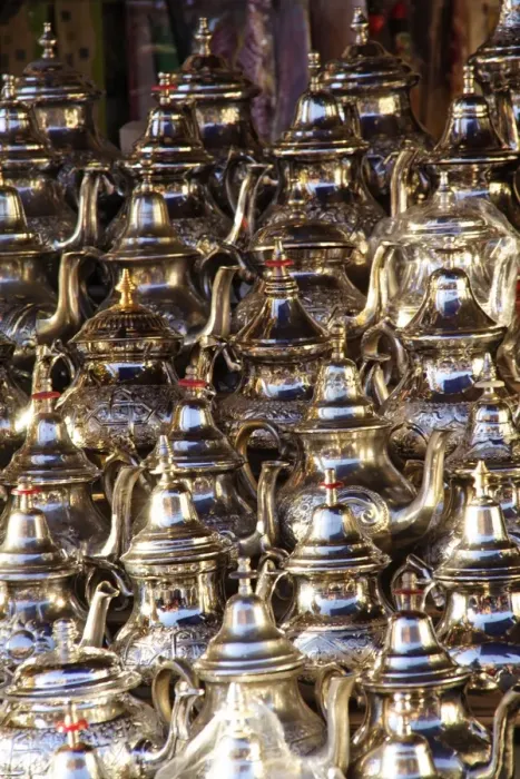 Framed Print : Morocco - market stall selling ornate teapots Framed Print : Morocco - market stall selling ornate teapots