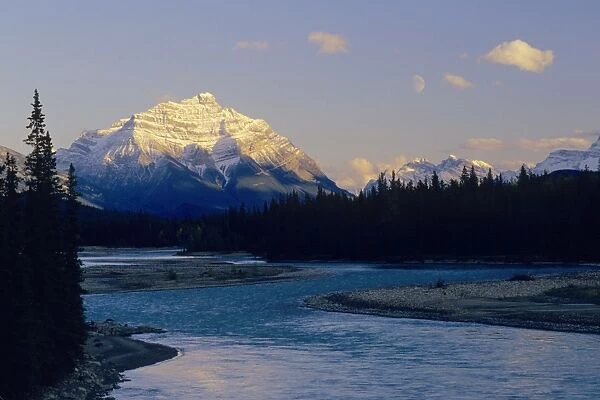 Mount Kerkeslin - moon & Athabasca River Jasper National Park, Alberta, Canada. S2373