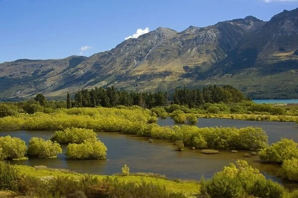 Mountain Scenery Dart River Valley and surrounding mountains including peaks of Mount Aspiring National Park in late summer near Glenorchy, Queenstown, Otago, South Island, New Zealand