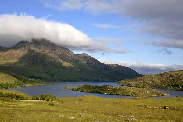 Mountain scenery Loch Lurgainn and Cul Beag with it's summit enveloped in clouds Wester Ross, Highlands, Scotland, UK
