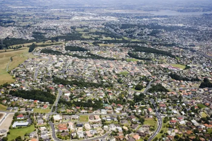 Framed Print : New Zealand - aerial of Auckland suburbs near airport, North Island